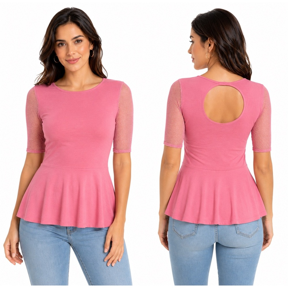 Express Pink Peplum Top Mesh Elbow Sleeve Keyhole Back XS